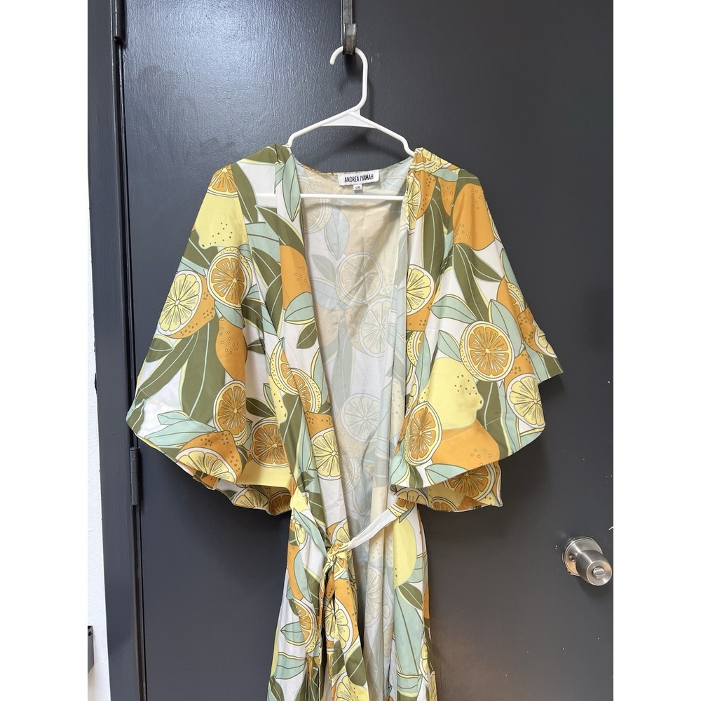 Andrea Iyamah Sarina Robe In Crepe Sz L/XL Lemon Lime Coverup Sheer Dress Gown